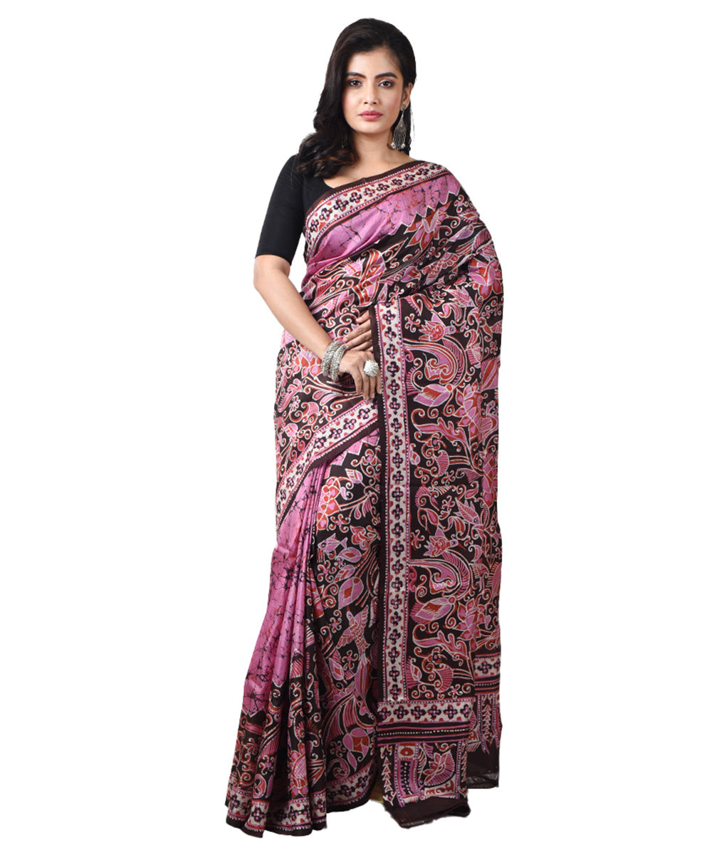 Pink brown handloom bengal silk batik print saree