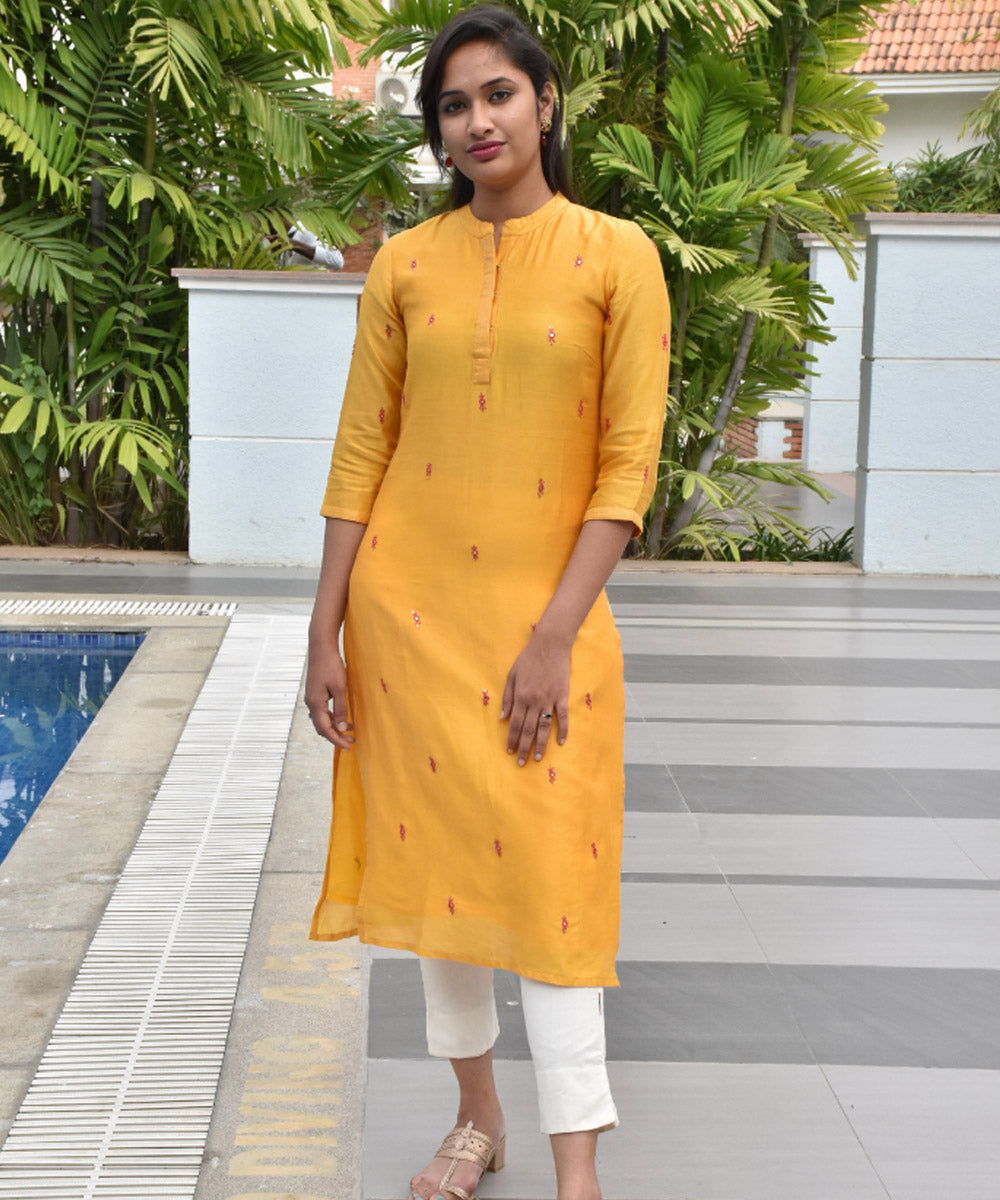 Yellow handloom chanderi cotton silk kurta with hand embroidery
