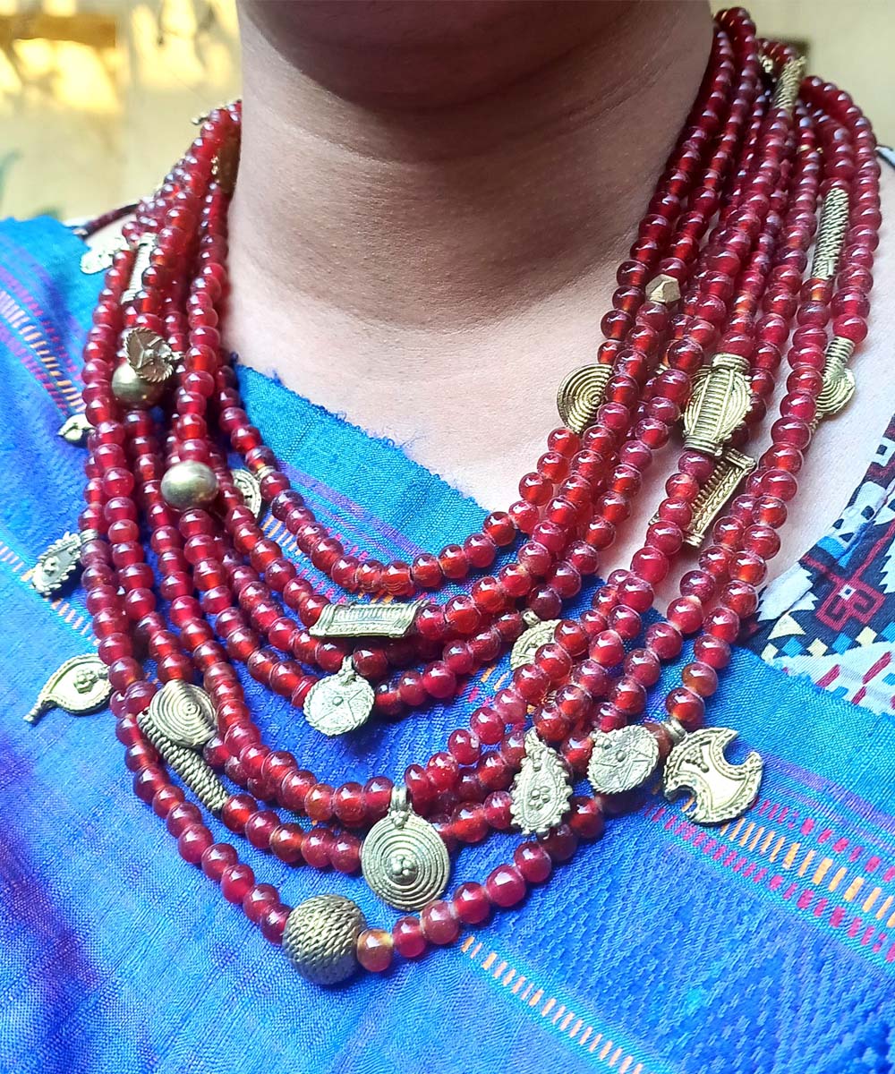 Red handcrafted dokra layered necklace