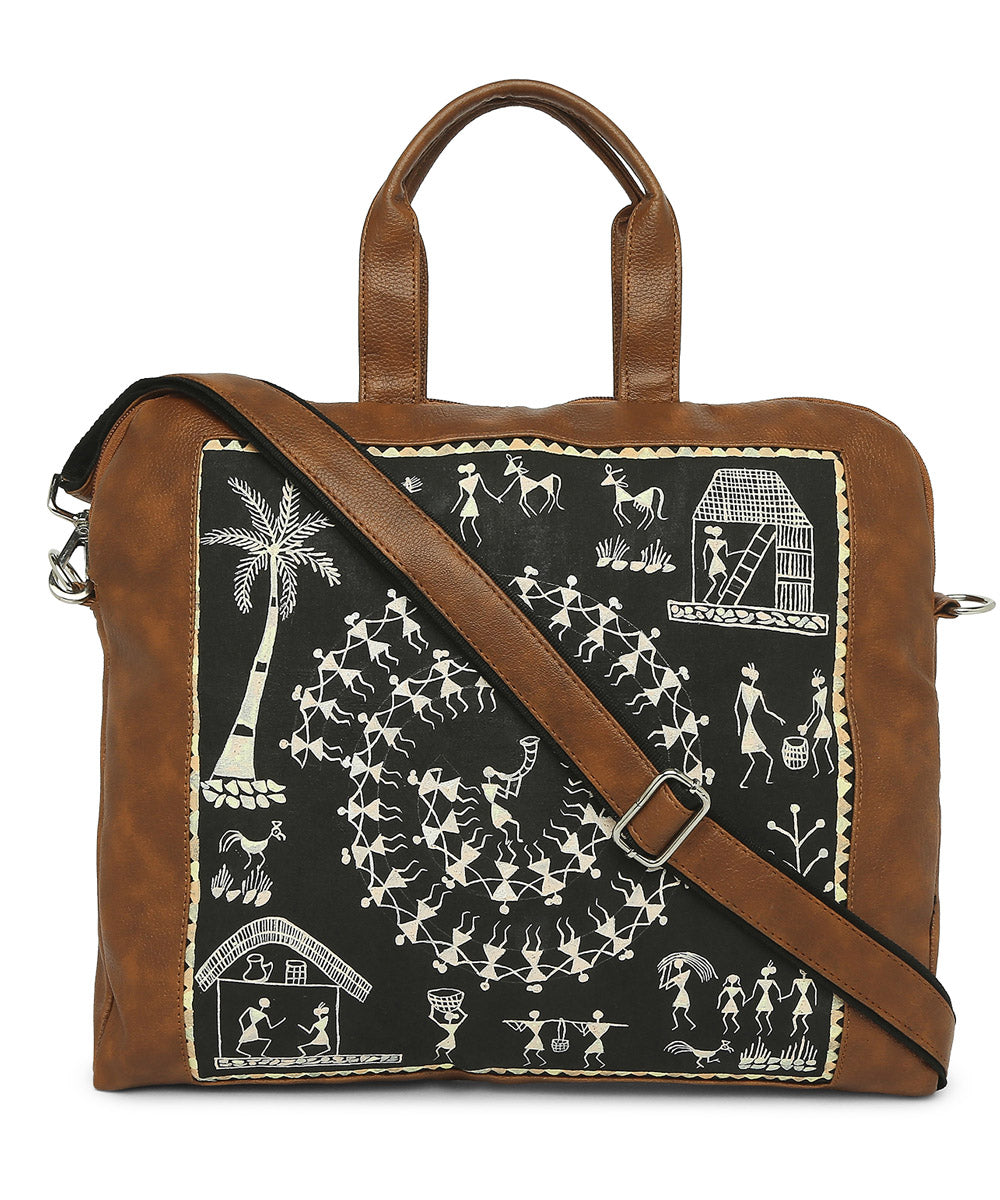 Brown black warli hand painted artificial leather bag