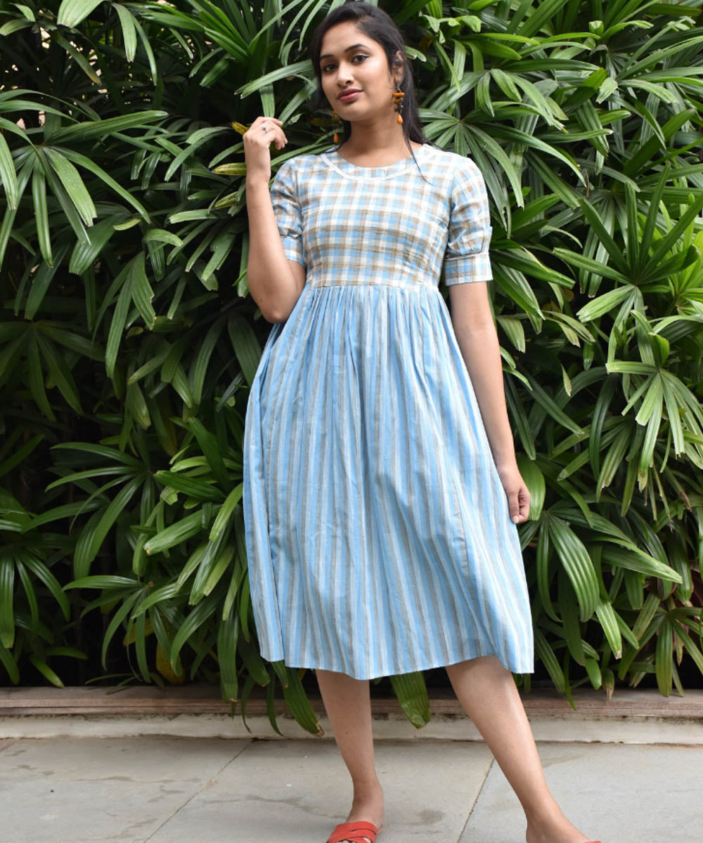 Blue checks and stripes cotton midi dress