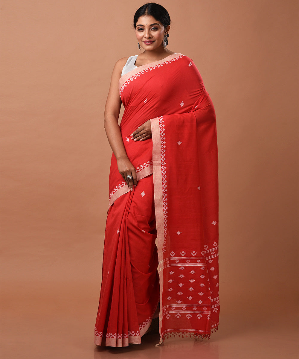 Red cotton handwoven jamdani saree
