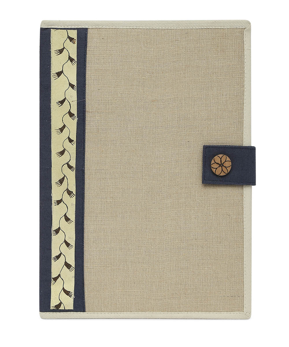 Navy blue beige hand printed canvas folder