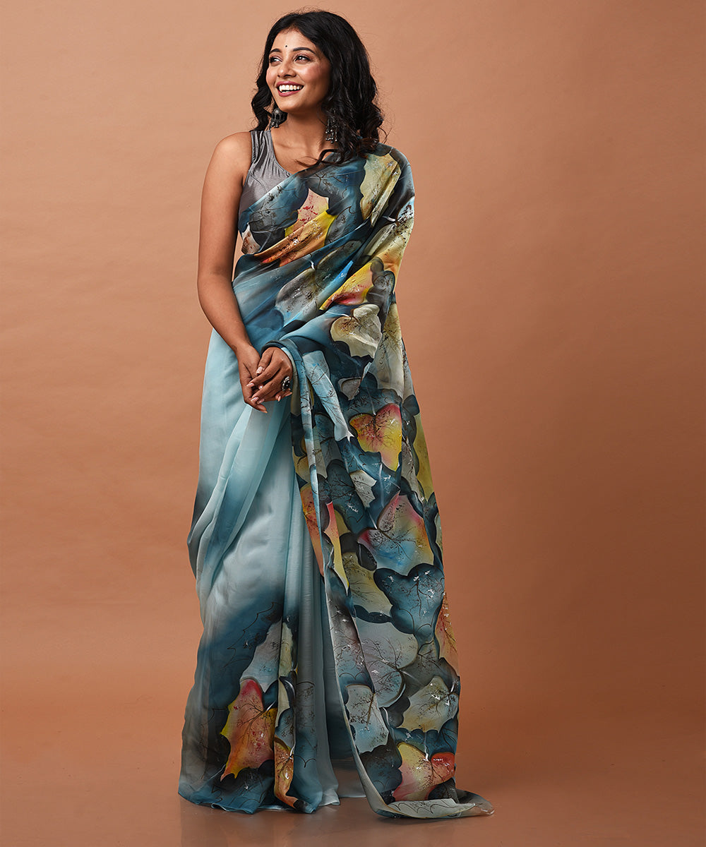 Blue multicolour handwoven organza silk hand painted saree