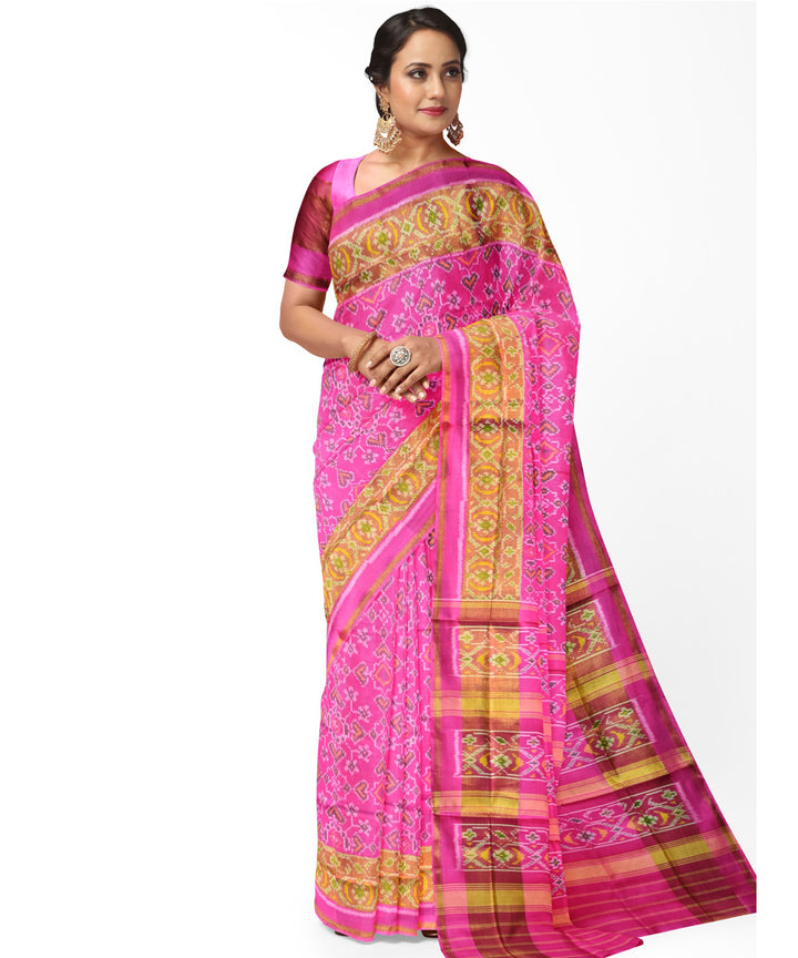 Pink and yellow silk handwoven patola saree