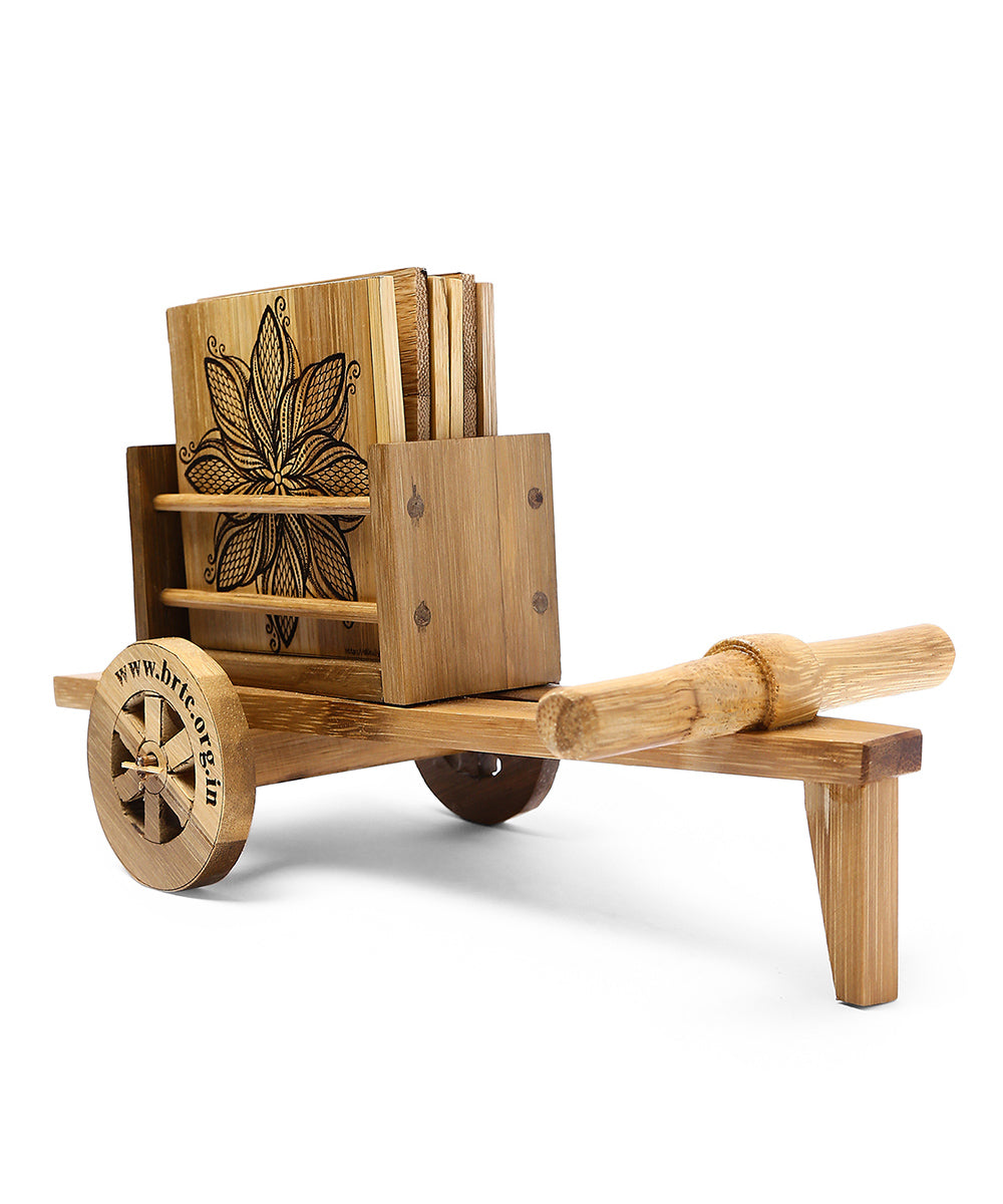 Brown natural hand printed bamboo wood bullock cart tea coasters