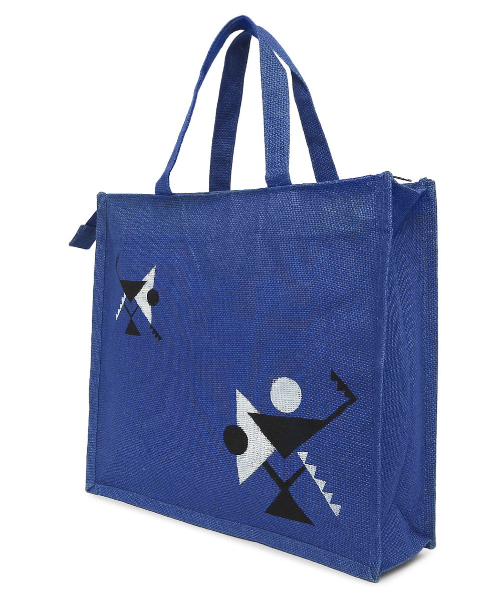Navy blue hand printed jute shopping bag