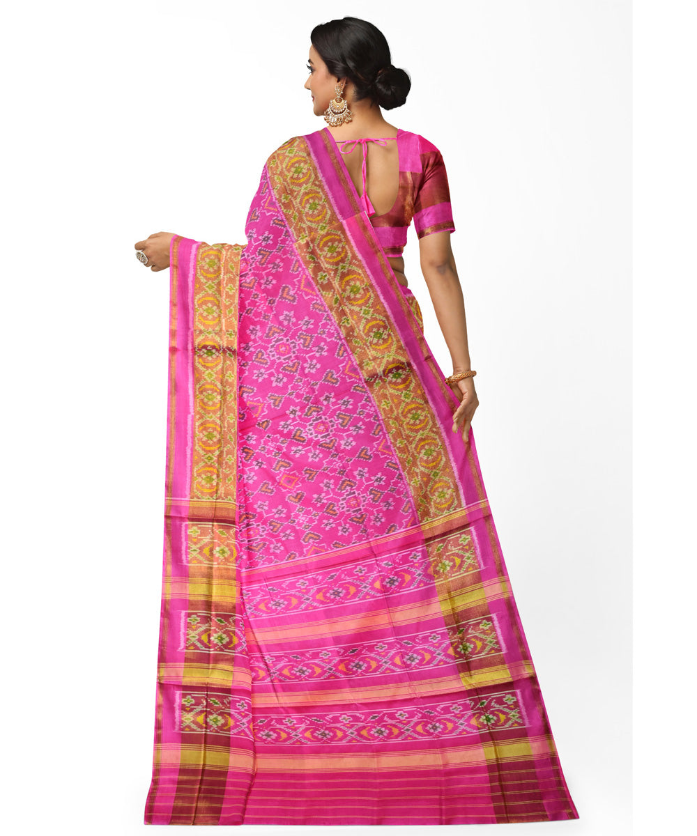 Pink and yellow silk handwoven patola saree
