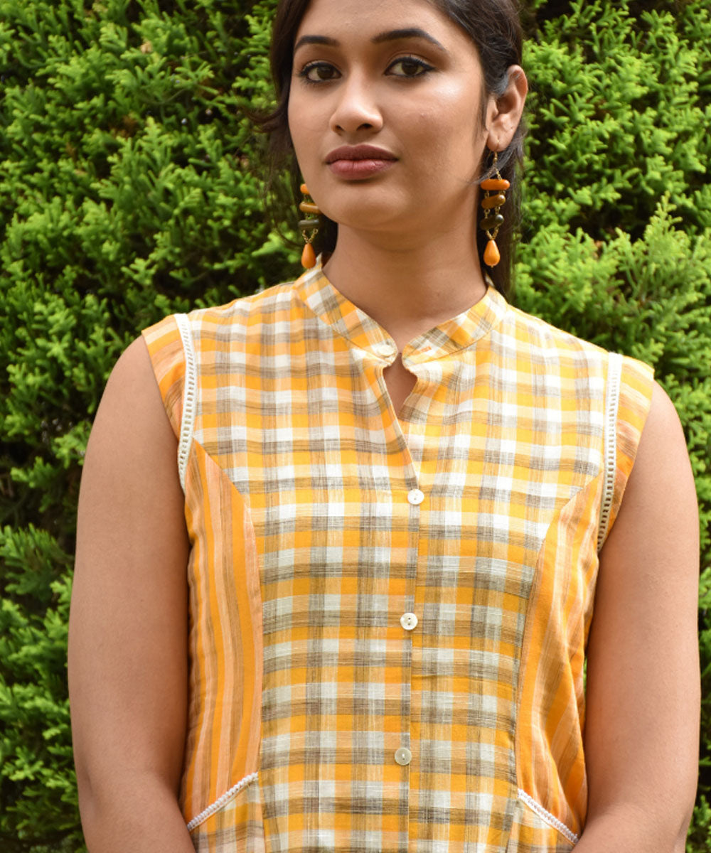 Orange checks and stripes sleeveless cotton dress