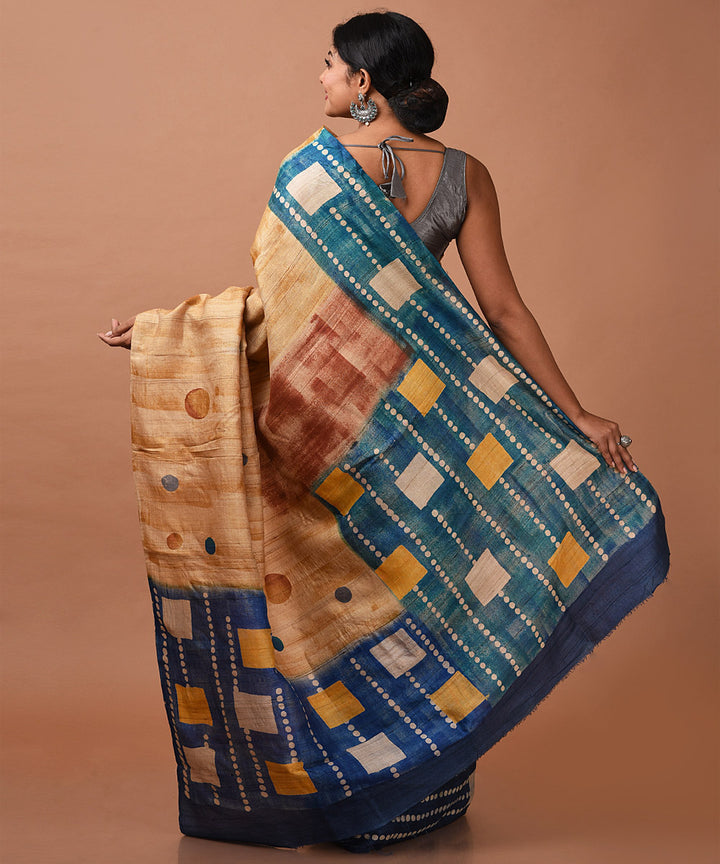 Light blown handwoven tussar silk block print saree