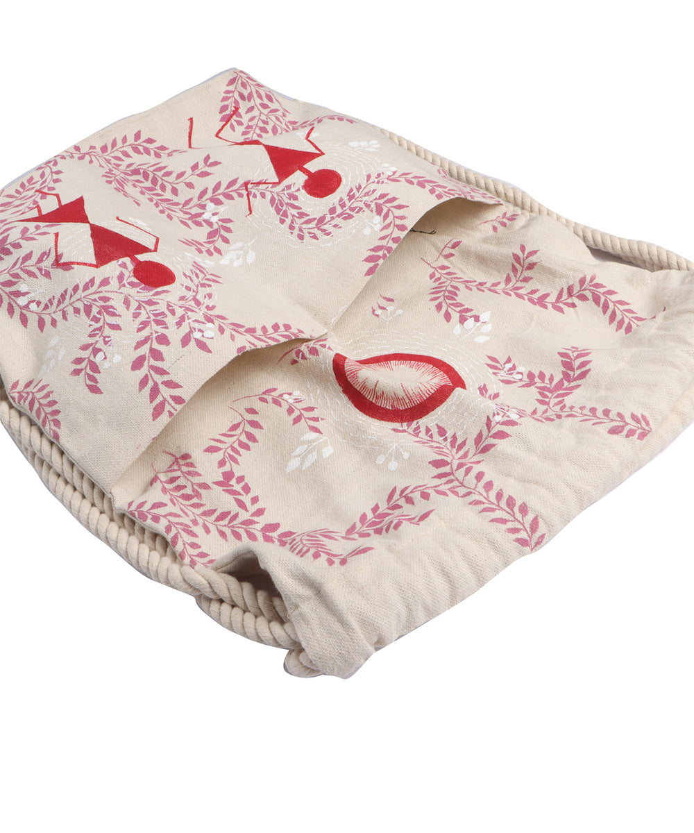Beige handcrafted majarpath cotton rucksack bag