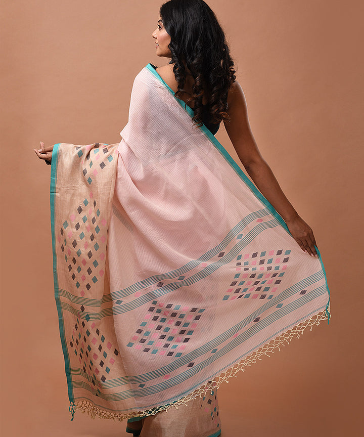 Off white handwoven tussar silk by cotton jamdani saree