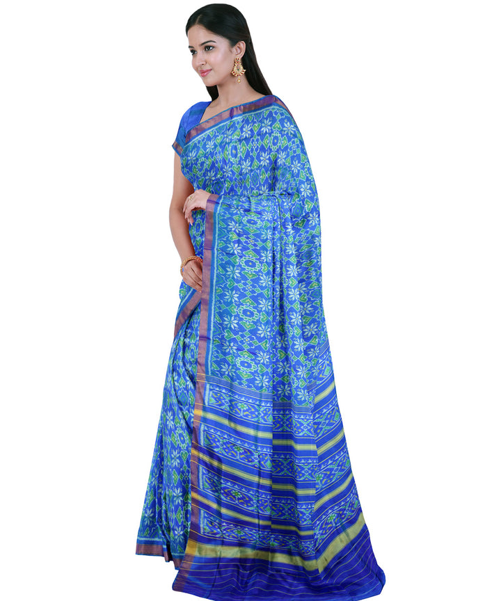 Cyan blue silk handloom patola saree