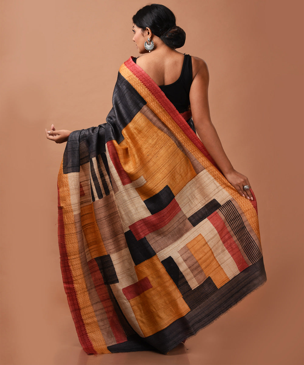 Black handwoven tussar silk block print saree