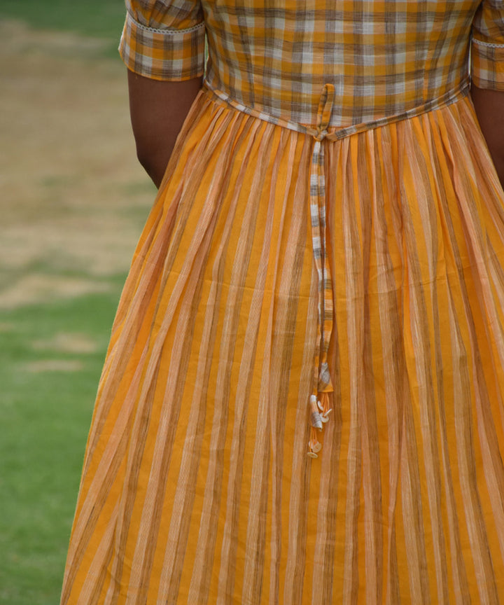 Orange checks and stripes cotton midi dress