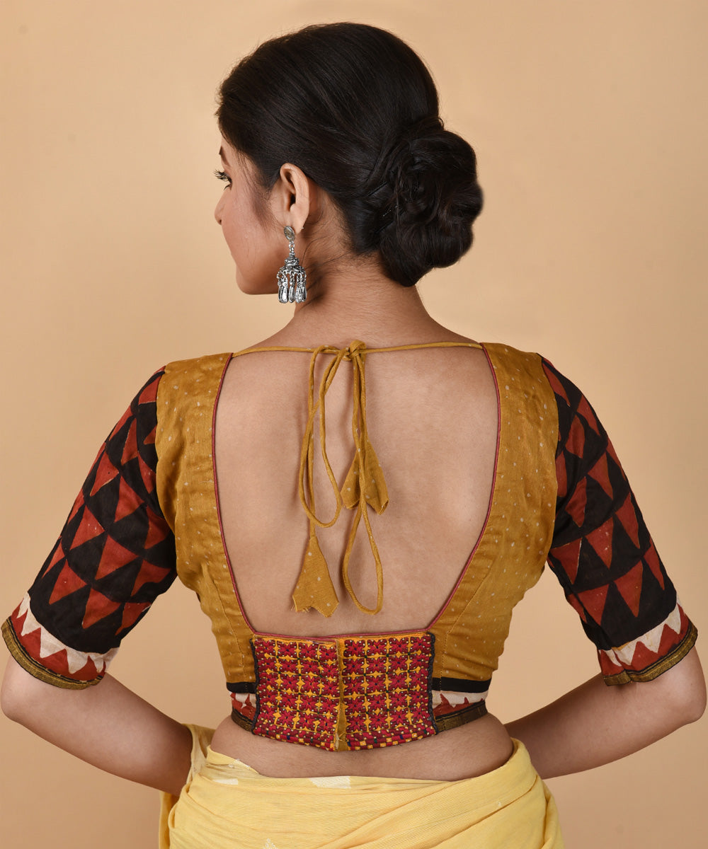 Yellow maroon chanderi silk hand block printed blouse