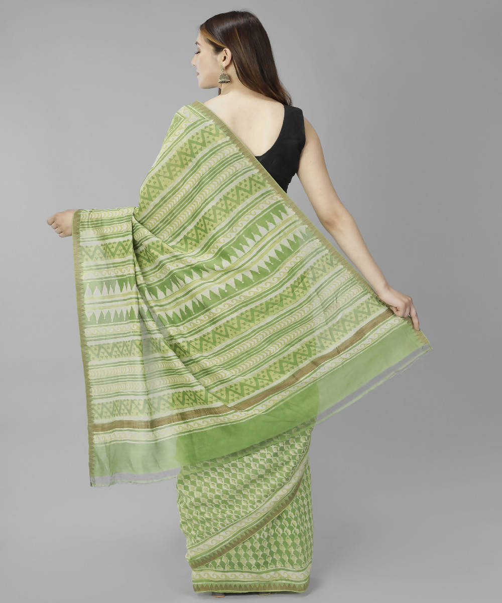 Green bagru handblock printed cotton silk saree