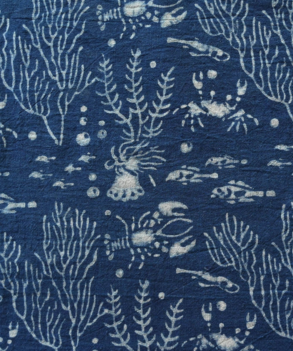 Dark indigo blue hand blockprint handspun handwoven cotton fabric