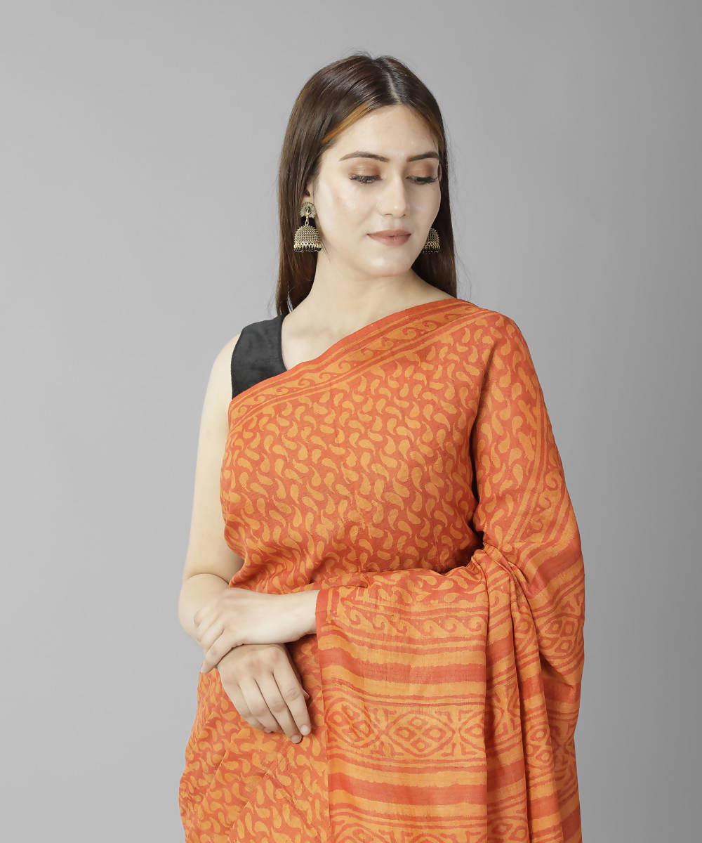 Orange bagru handblock printed tussar silk saree