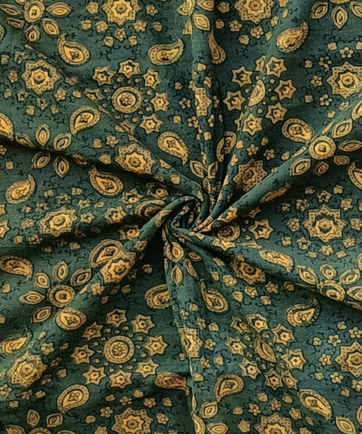 2.5m Green yellow ajrak print hand spun handloom cotton kurta fabric