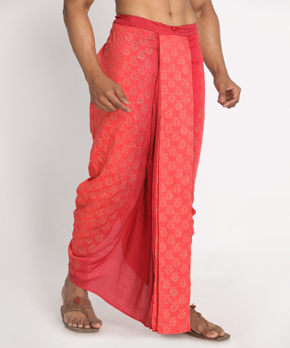 Red ombre cotton silk ready to wear stitched handblock print dhoti