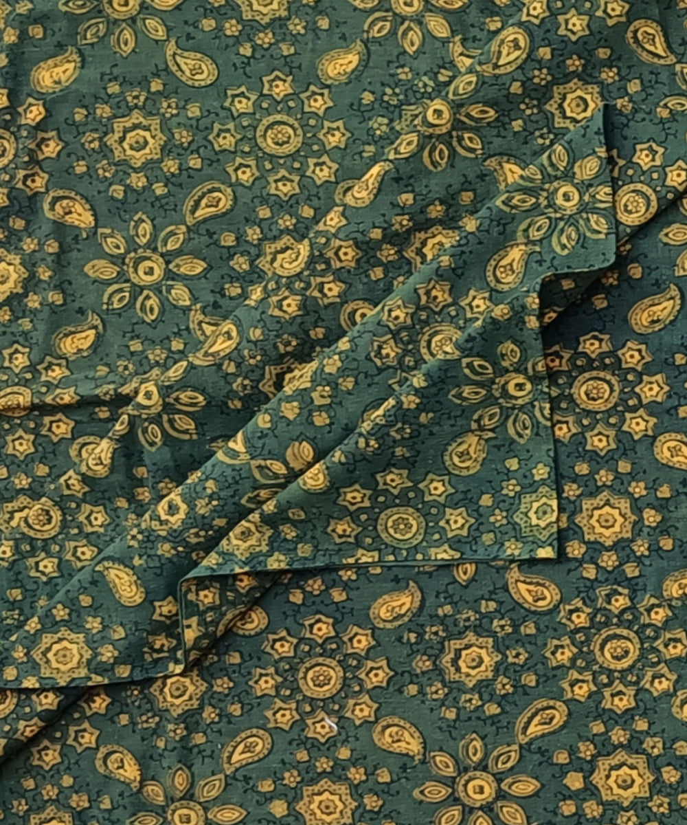 2.5m Green yellow ajrak print hand spun handloom cotton kurta fabric