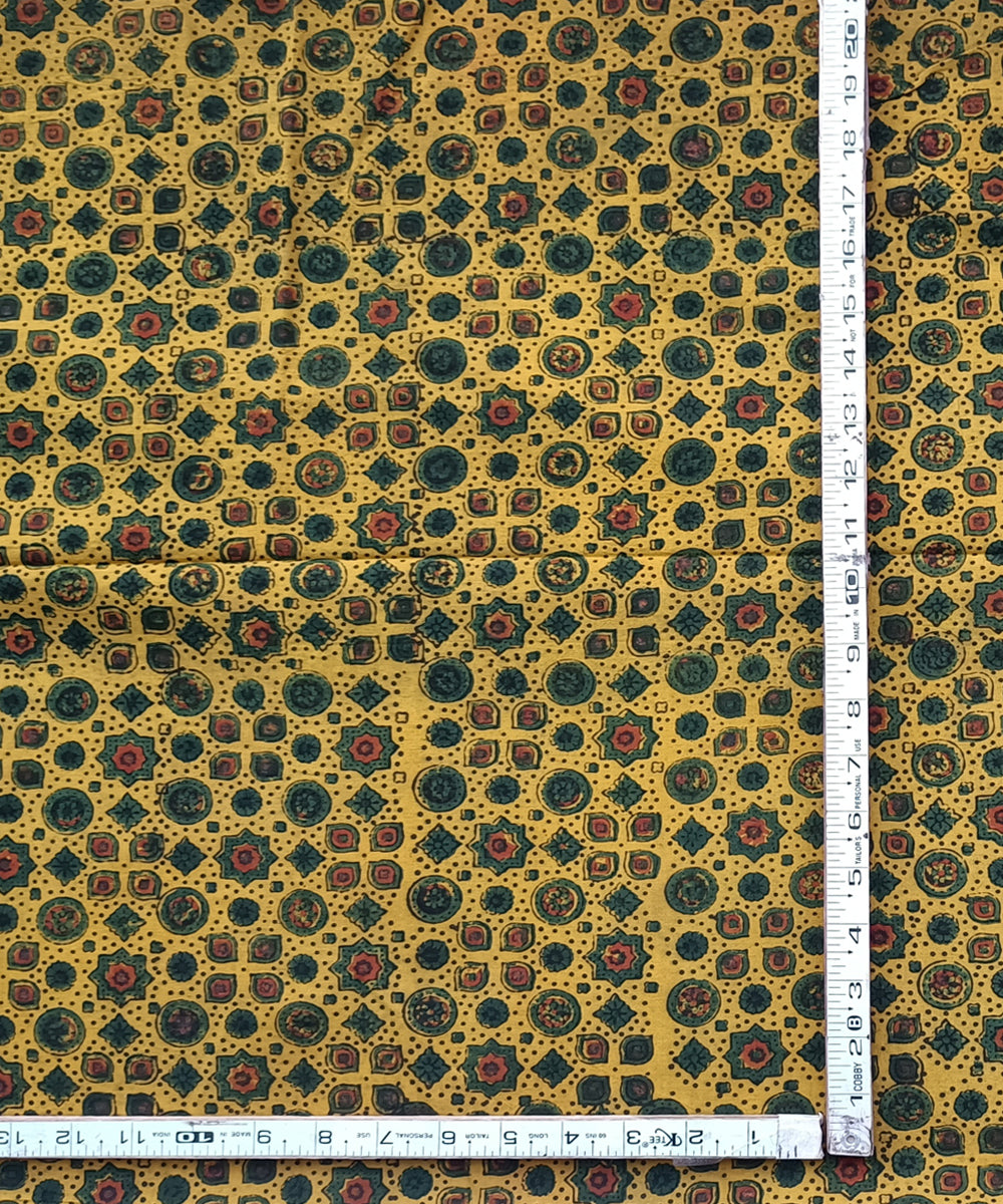 2.5m Yellow green ajrakh print handspun hand woven cotton kurta fabric
