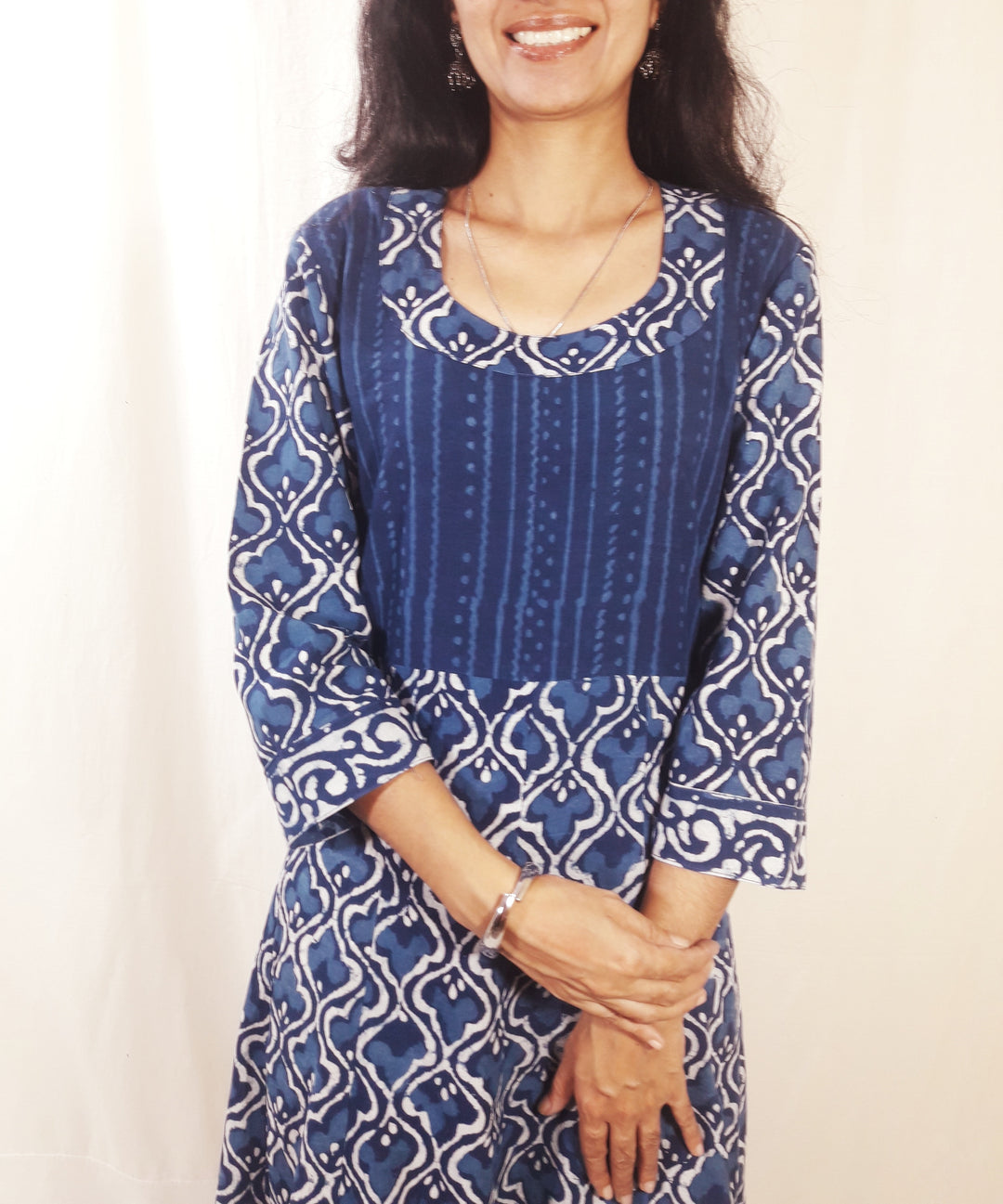 Blue handblock print cotton suit set with silk dupatta
