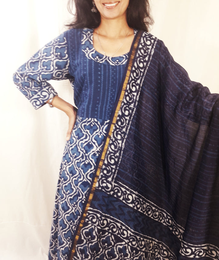 Blue handblock print cotton suit set with silk dupatta