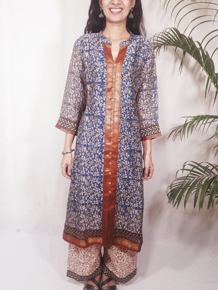 Blue handblock print maheshwari silk kurti dupatta cotton palazzo set