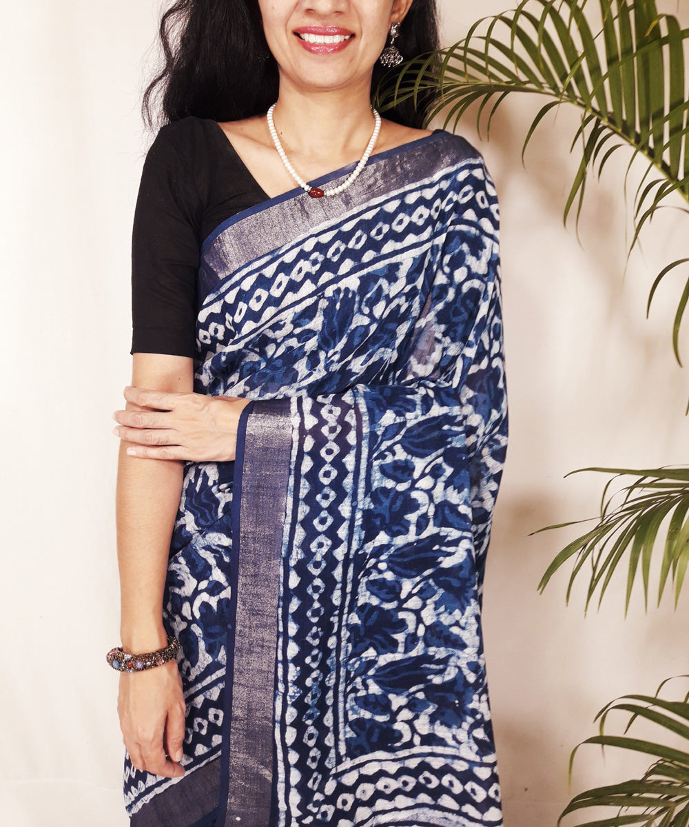 Blue hand block print cotton linen bagru saree with zari border