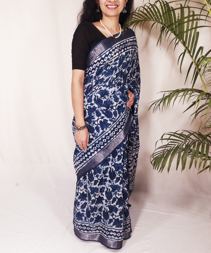 Blue hand block print cotton linen bagru saree with zari border