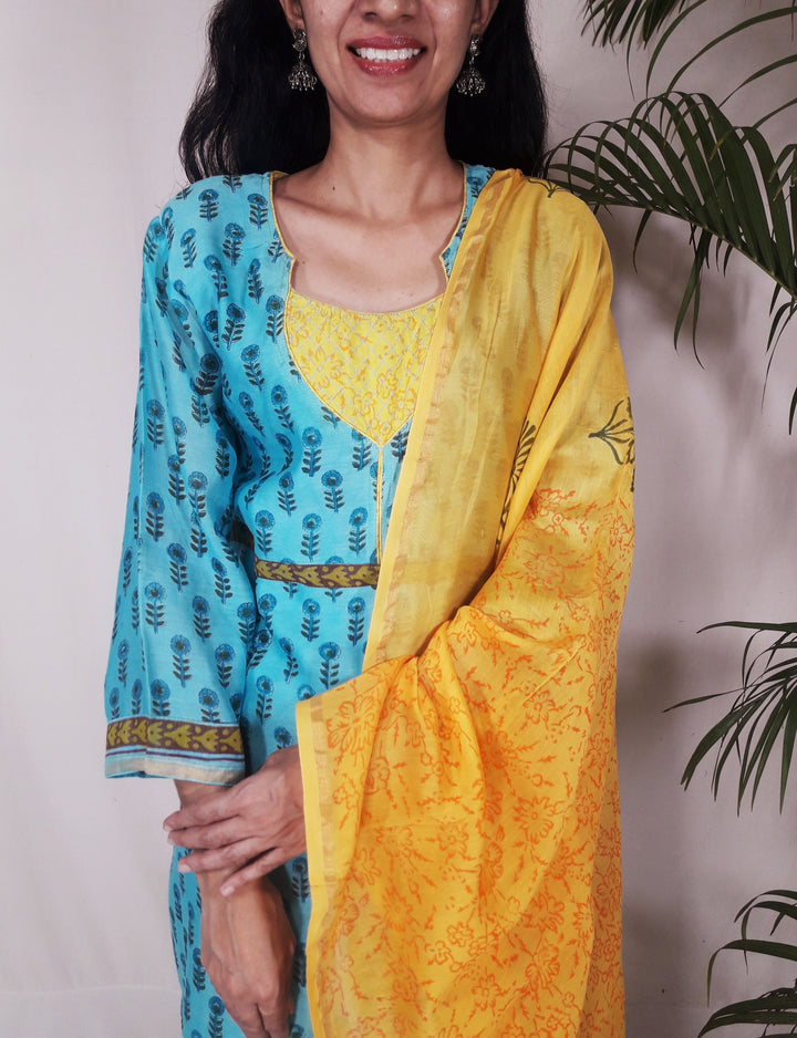 Blue yellow handblock print chanderi cotton silk kurti, dupatta and pant set