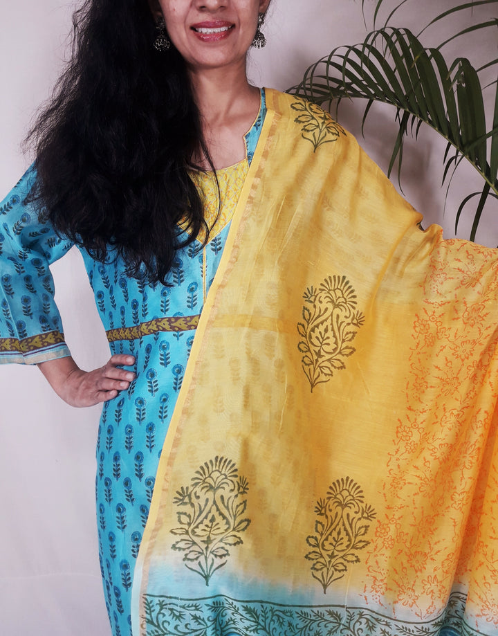 Blue yellow handblock print chanderi cotton silk kurti, dupatta and pant set