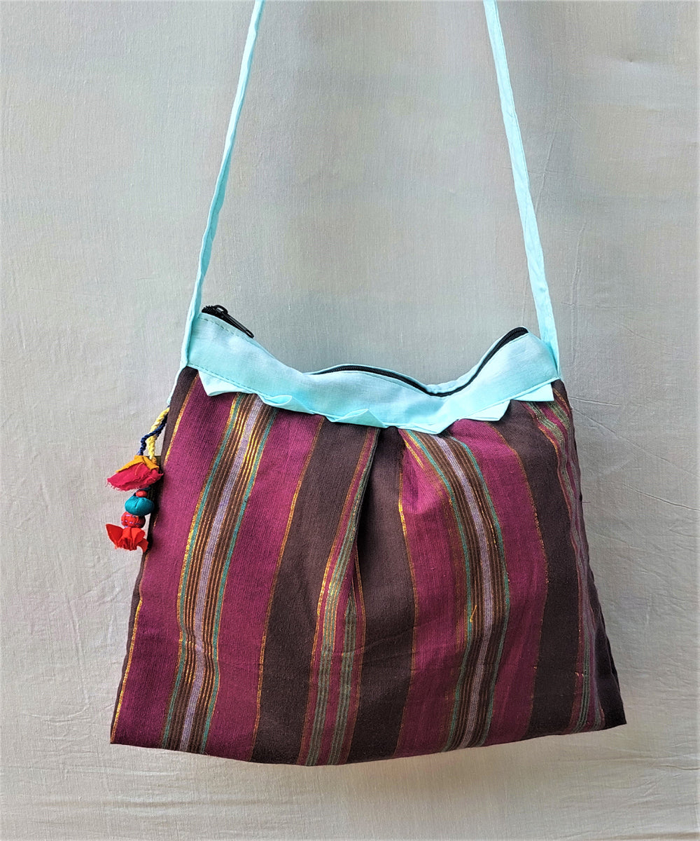 Dark pink blue handcrafted vegetable dye cotton sling bag