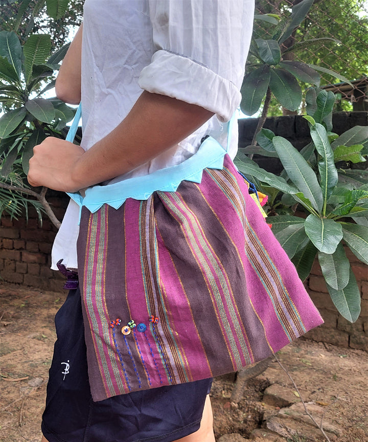 Dark pink blue handcrafted vegetable dye cotton sling bag