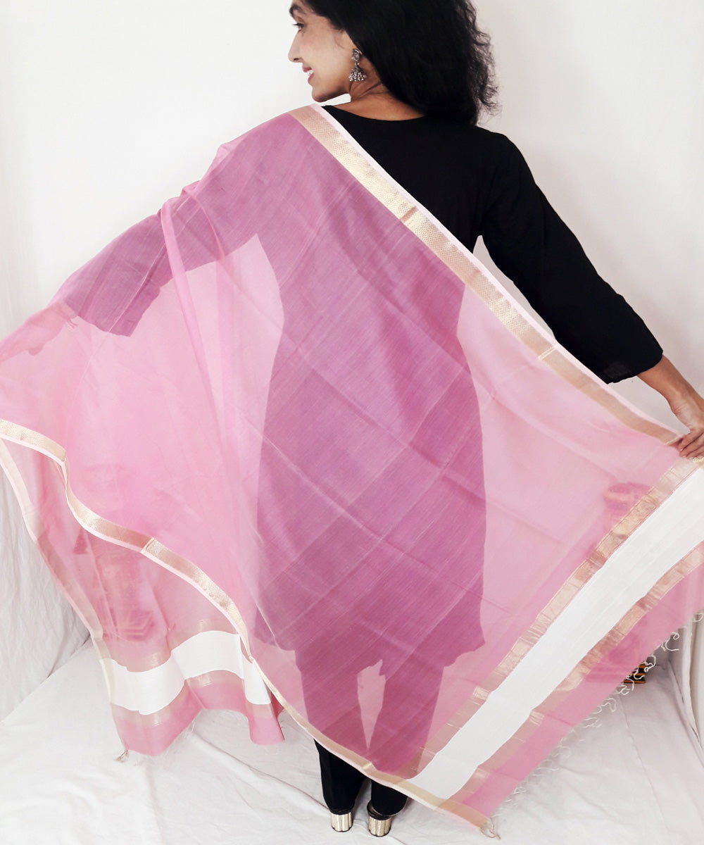 Pink handloom maheshwari silk dupatta with zari border
