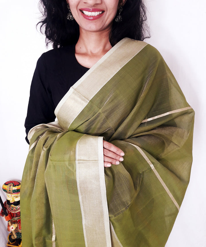 Olive green handloom maheshwari silk dupatta with zari border