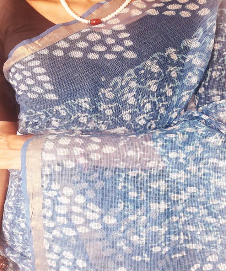 Blue hand printed kota doria cotton saree