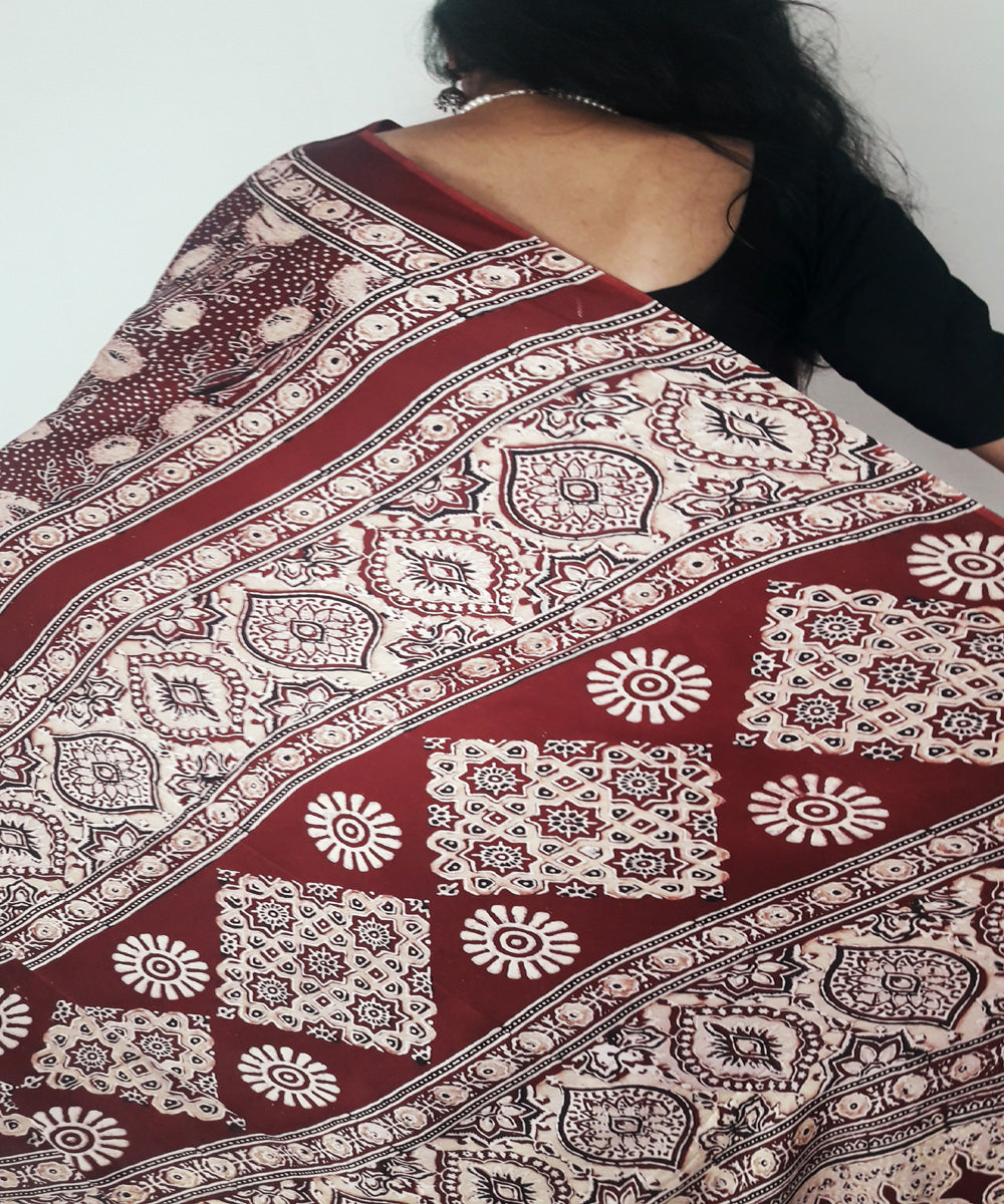 Maroon ajrakh modal silk saree