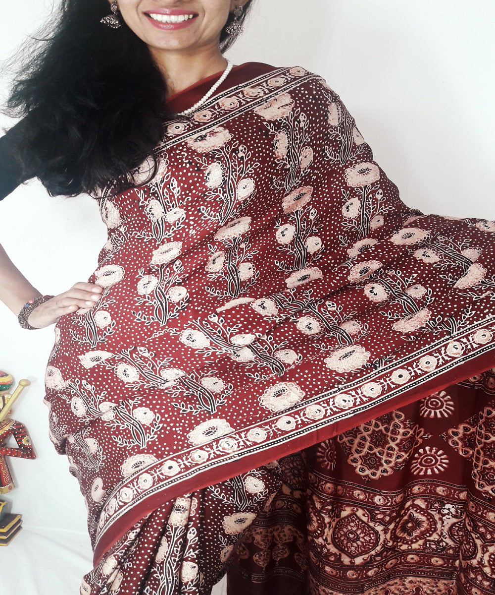 Maroon ajrakh modal silk saree