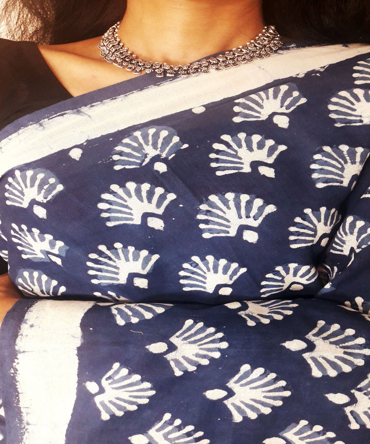 Indigo blue hand block print mul cotton saree