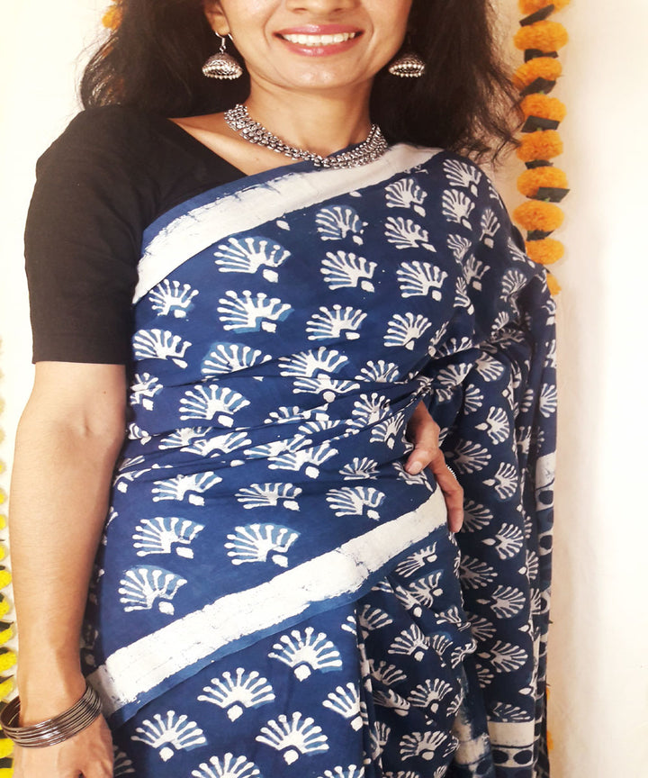Indigo blue hand block print mul cotton saree