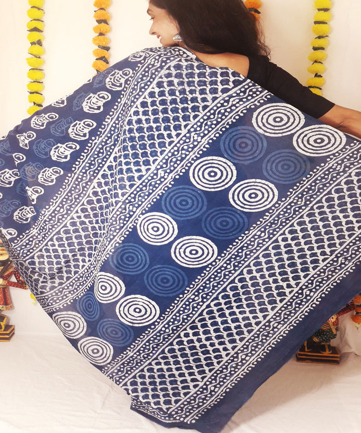 Indigo hand block print mul cotton saree