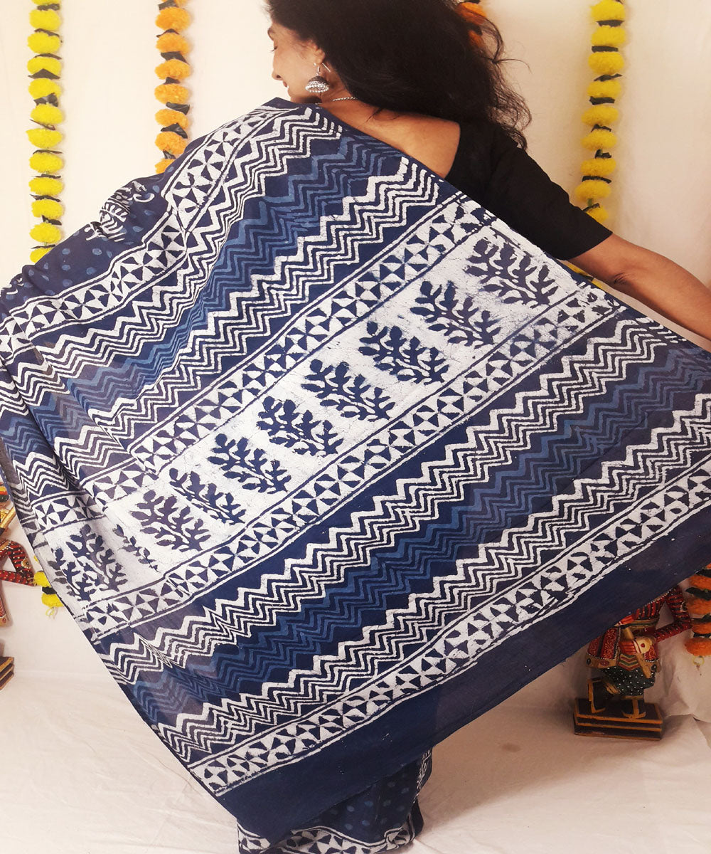 Indigo block print mul cotton saree