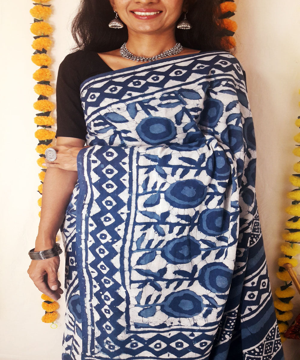 Indigo hand block printed mul cotton saree