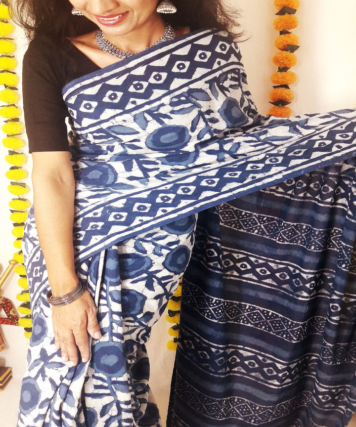 Indigo hand block printed mul cotton saree