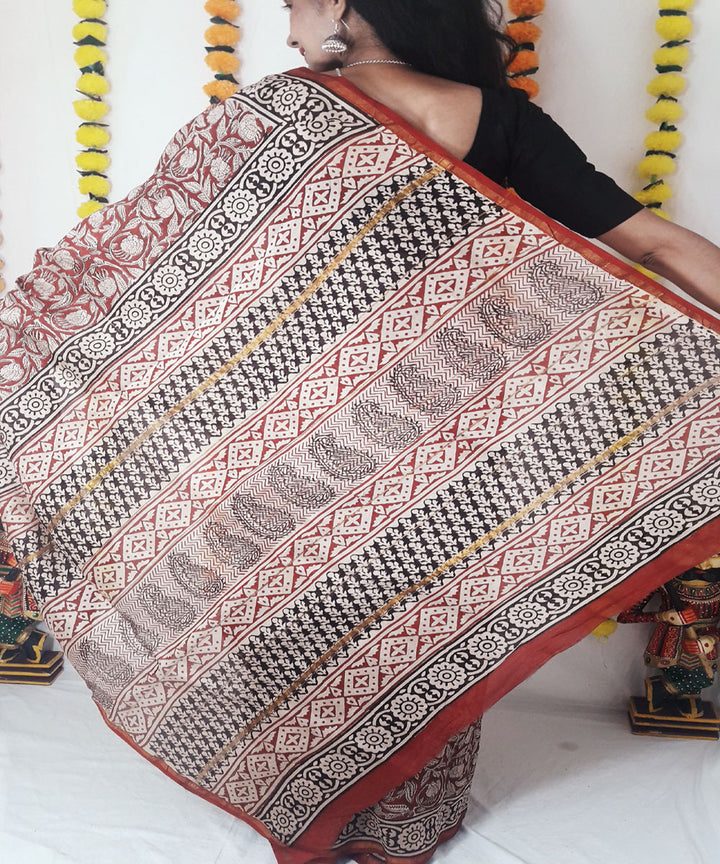 Red hand block kalamkari chanderi cotton silk saree