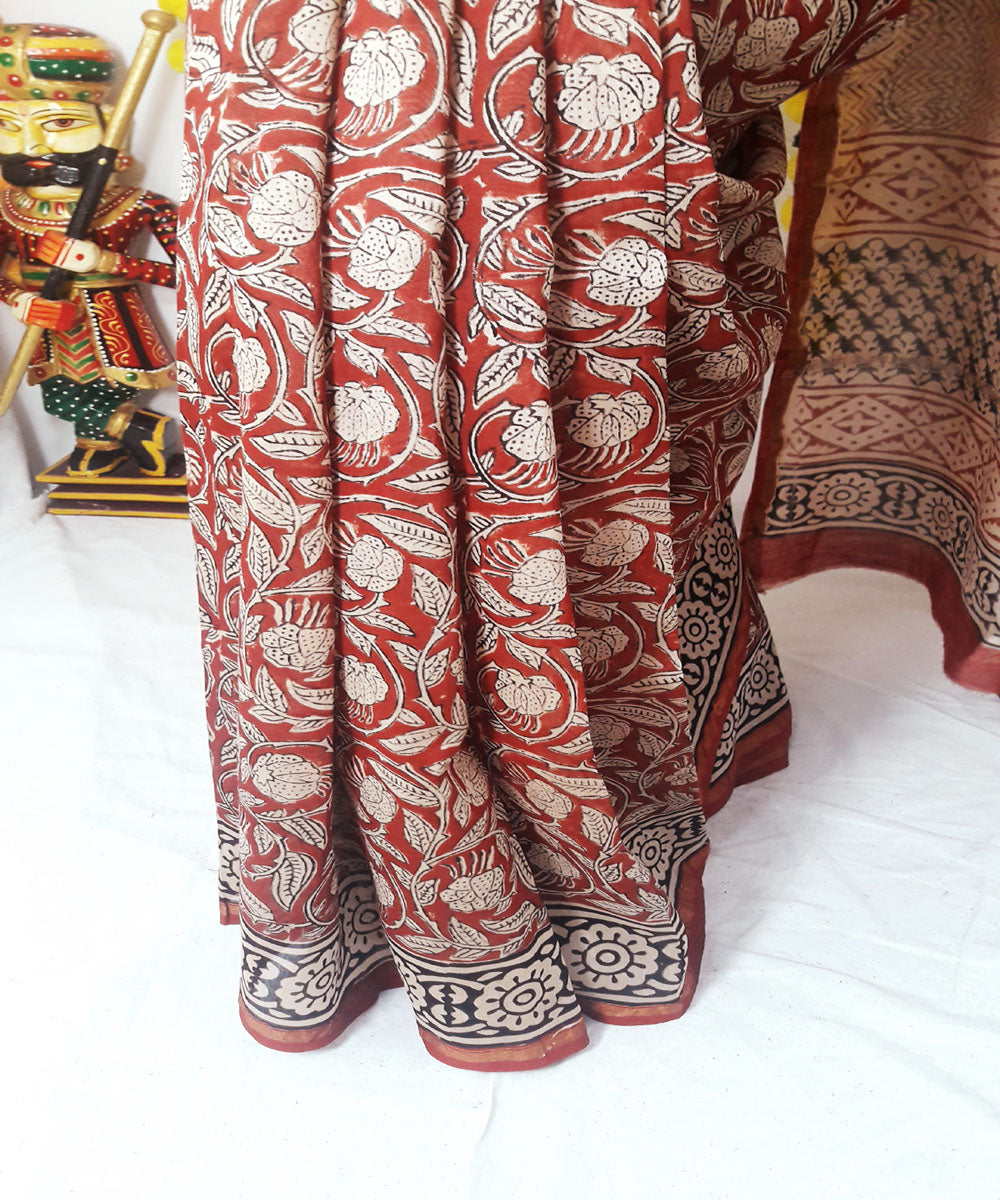 Red hand block kalamkari chanderi cotton silk saree