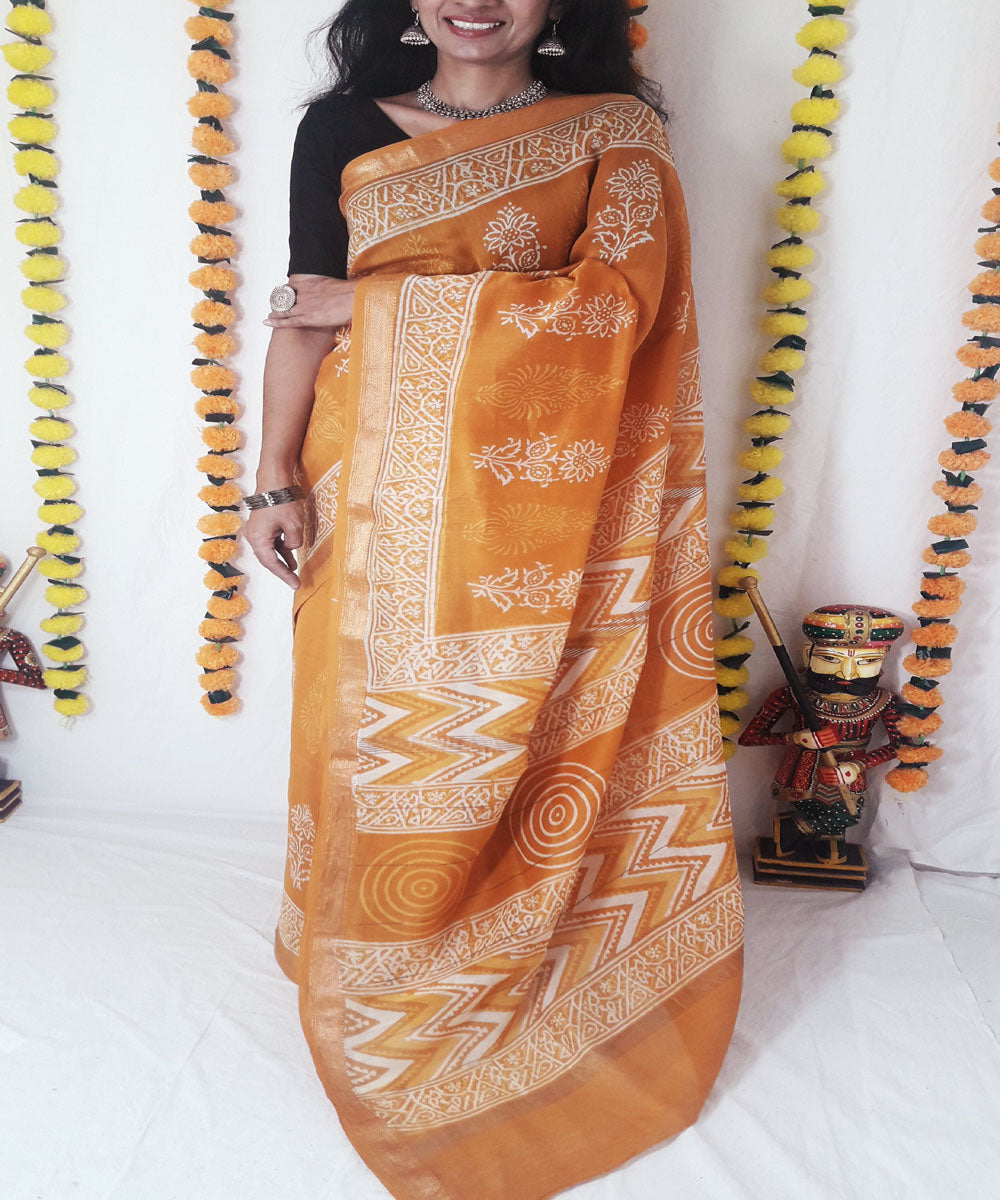 Golden hand block print maheshwari cotton silk saree